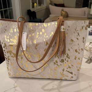 Chico's Elegant Gold and Cream Tote Bag